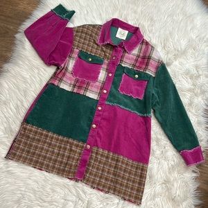 Fantastic Fawn Plaid Corduroy Shacket Mixed Material Snap Front Closure Size S